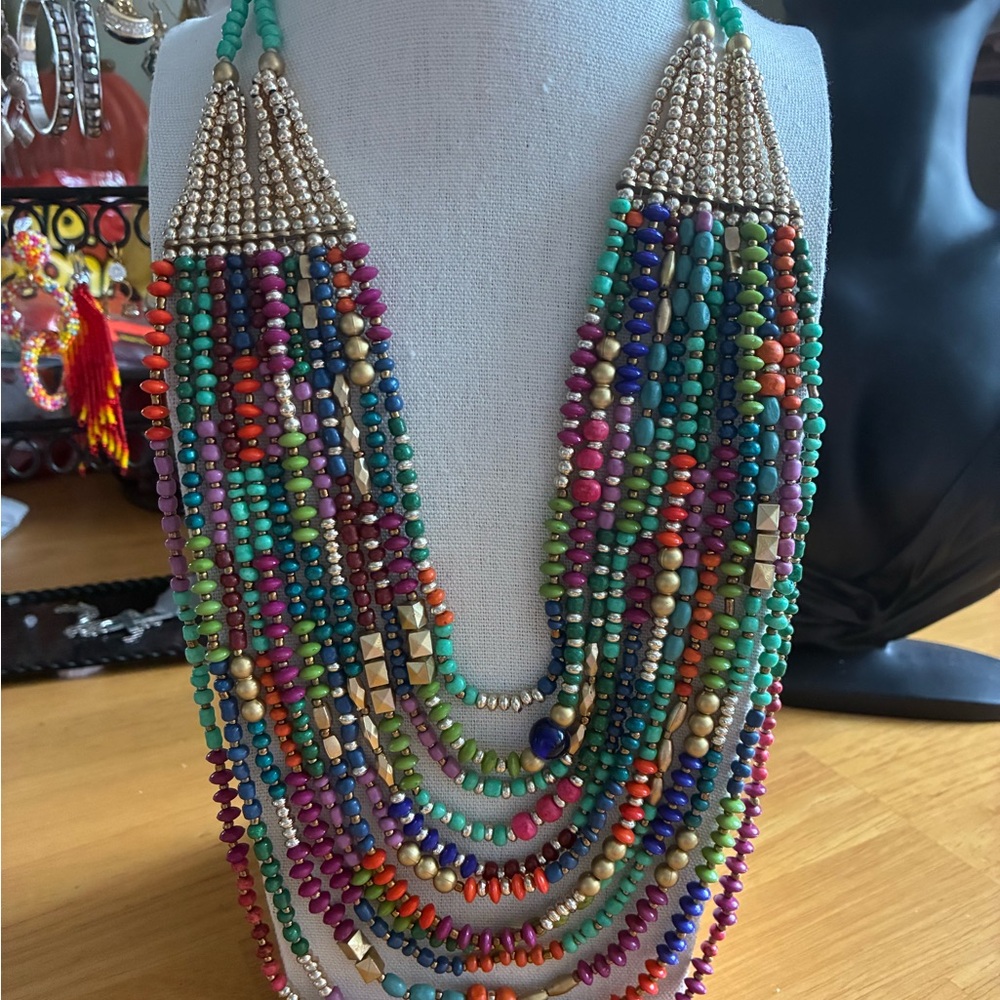 Colorful Beaded Necklace with Gold-Tone Accents.